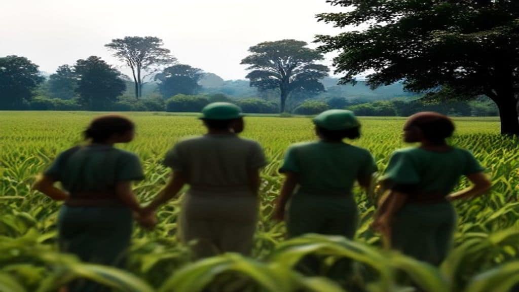 A diverse group of agronomists and veterinarians working alongside local farmers in a lush agricultural field in sub-Saharan Africa, examining crops and livestock together, warm natural lighting, documentary photography style, vibrant green landscape, sustainable farming atmosphere