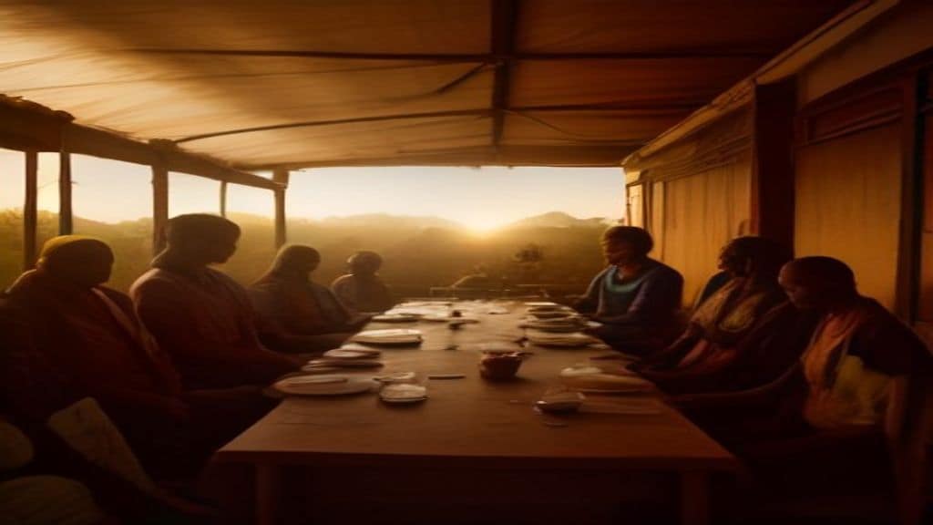 A diverse group of aid workers and local community members working together in a rural African village, sharing food and building sustainable agricultural structures, warm golden light, documentary photography style, no text, no logo