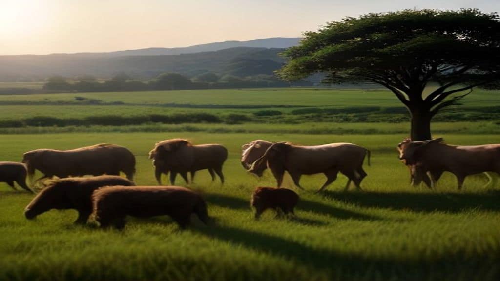 A diverse group of farmers and herders from Africa and Asia working together in a lush green field, with livestock grazing in the background, traditional agricultural tools, warm golden sunlight, documentary photography style, no text, no logo