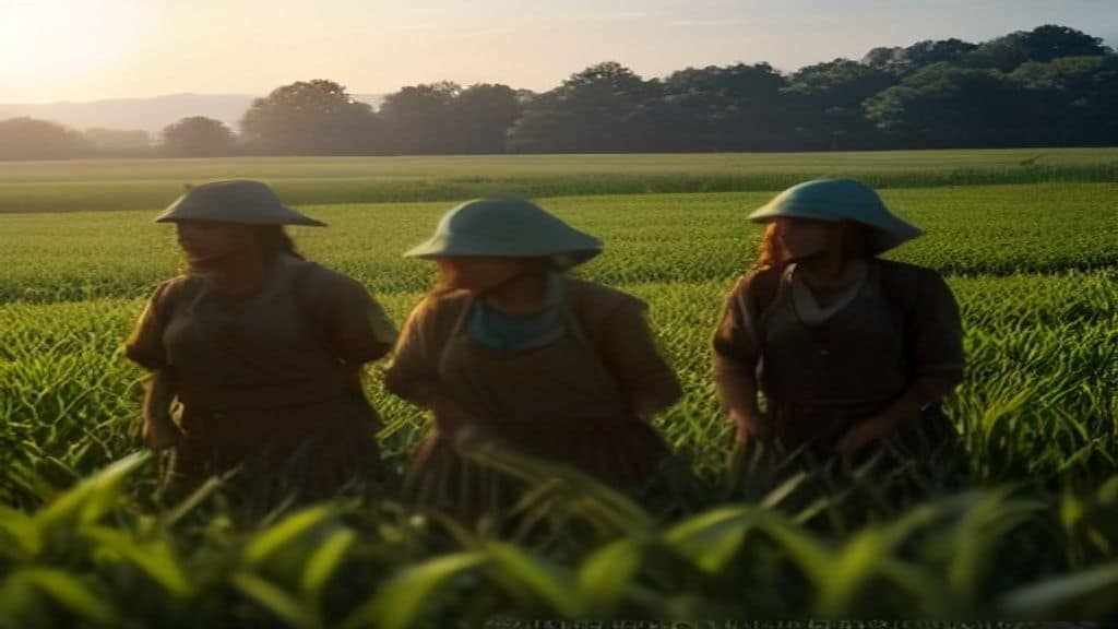 A diverse group of farmers, including women, working together on a lush agroecological farm with healthy soil, mixed crops, and natural surroundings, golden hour lighting, documentary photography style, no text, no logo