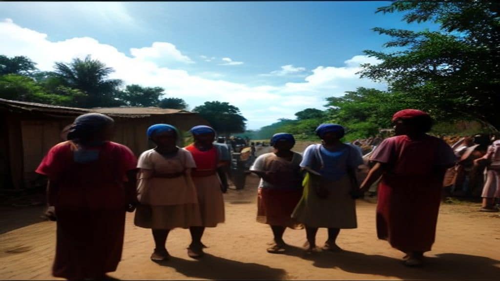 A diverse group of humanitarian aid workers in colorful vests working alongside local community members in a rural African village, distributing food and providing medical care under a bright sky, documentary photography style, warm natural light, hopeful atmosphere