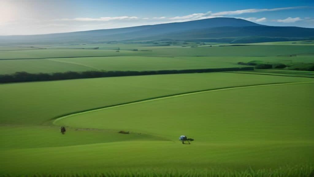 A lush green farm field with diverse crops growing under a bright sky, a farmer tending to healthy soil by hand, earthworms and rich dark compost visible in the foreground, rolling hills in the background, warm natural lighting, photorealistic style, no text, no logo