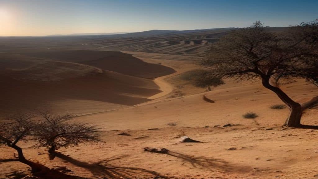 A powerful split composition showing on one side a vast dry cracked African landscape under a scorching sun with sparse vegetation symbolizing famine and drought caused by El Niño, and on the other side lush Mediterranean agricultural terraces with olive trees and irrigation systems representing sustainable farming adaptation, connected by a symbolic bridge, photorealistic documentary style, warm and dramatic lighting, no text no logo