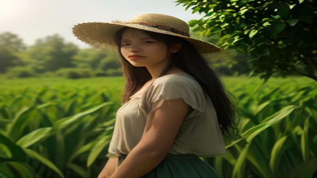 A small-scale farmer in a sunlit field in a developing country, working with sustainable agroecology techniques, surrounded by diverse crops and green vegetation, warm natural lighting, realistic photography style, no text or logo