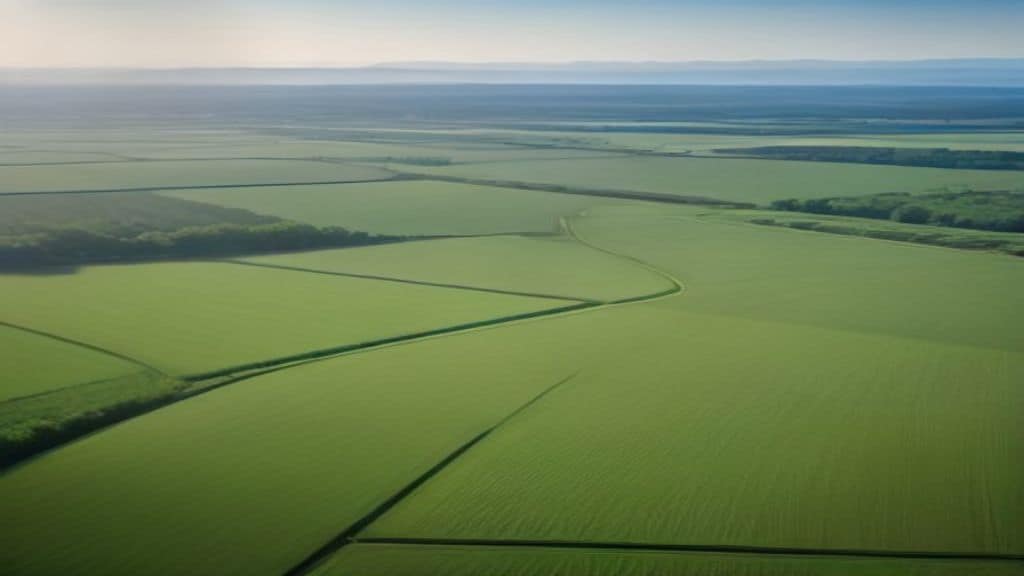 A split aerial landscape showing on one side vast industrial monoculture fields with heavy machinery under a hazy sky, and on the other side lush diverse small family farm plots with colorful crops, farmers working by hand, surrounded by trees and biodiversity, golden hour light, photorealistic style