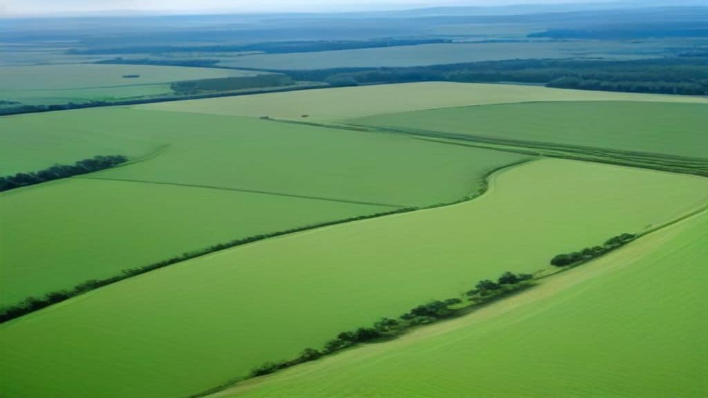 A split aerial view showing on one side vast industrial monoculture farmland with heavy machinery under a hazy sky, and on the other side small colorful family farm plots with diverse crops, green trees and a clear blue sky, symbolizing the contrast between agribusiness and sustainable small-scale farming, photorealistic, warm natural lighting