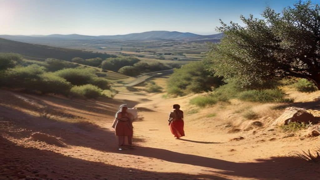 A split-scene illustration showing on one side a humanitarian aid worker distributing food in an arid drought-affected landscape under a harsh sun, and on the other side lush Mediterranean agricultural fields with olive trees and vineyards in the south of France, warm golden light, photorealistic style, no text, no logo