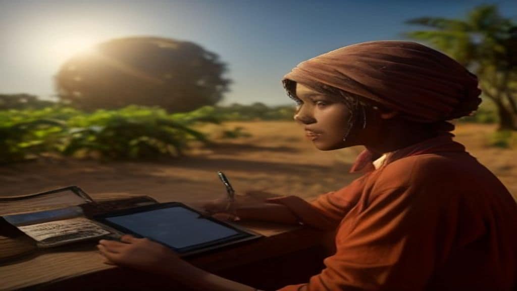 A split scene showing a humanitarian aid worker in East Africa analyzing data on a tablet with AI visualizations, alongside fields of drought-stressed crops under a scorching sun, with a globe in the background highlighting vulnerable regions, photorealistic style, warm and dramatic lighting