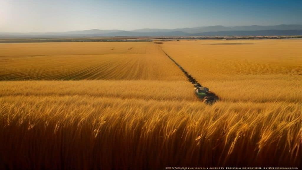 A split wide-angle photographic composition showing contrasting global food security scenes: on one side, a field of golden wheat being harvested in a sunny rural landscape with farmers working, and on the other side, humanitarian workers distributing food aid in an arid region to families, warm and documentary-style lighting, realistic photography, no text, no logos