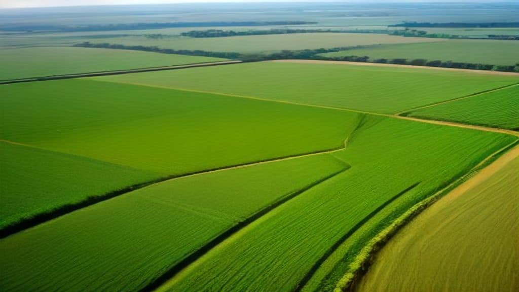 A vibrant aerial view of diverse agricultural fields in West Africa, showing smallholder farmers working alongside modern irrigation systems, with lush green crops, scientific research equipment in the background, warm golden sunlight, photorealistic style, no text or logos