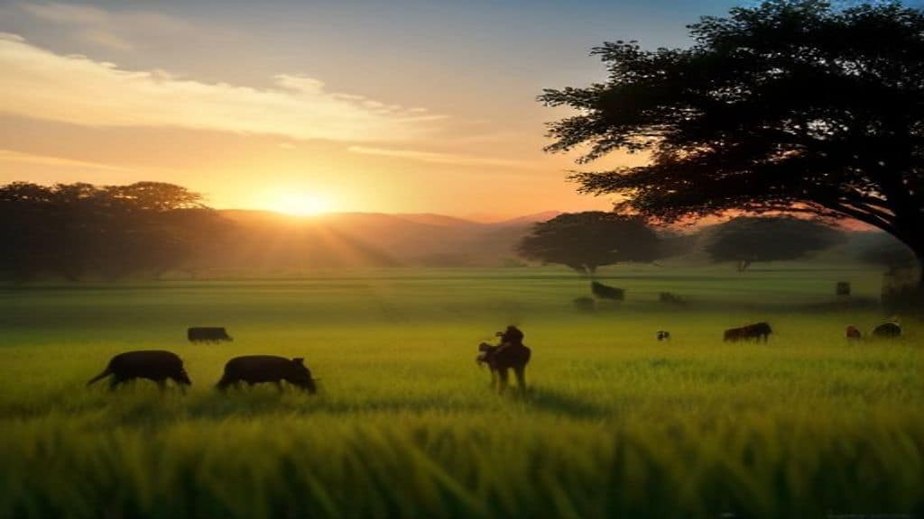 A vibrant African rural landscape at golden hour, showing diverse smallholder farmers working in lush green fields with livestock nearby, including cattle and goats, cooperative members sharing knowledge, a mix of traditional and modern agricultural tools, warm sunlight, hopeful and empowering atmosphere, photorealistic style