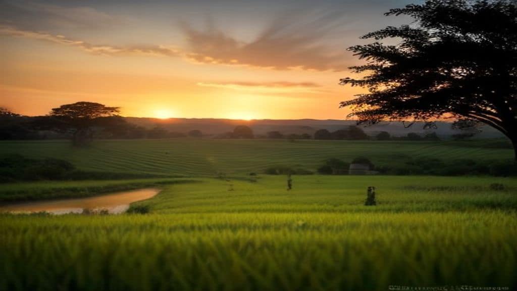 A vibrant rural African landscape at golden hour, with women farmers working in lush green fields, a clean water well in the background, small traditional houses, and a sense of community and hope, warm natural lighting, photorealistic style