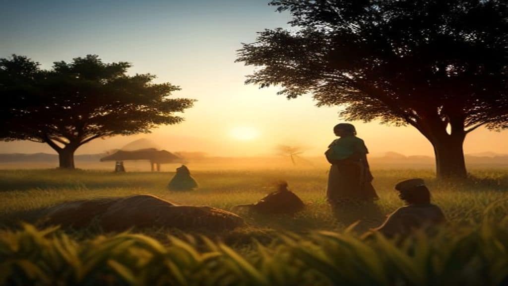 A vibrant rural African landscape at golden hour, showing women farmers working in green fields, a cooperative meeting under a large tree, sacks of harvested crops, and a water point in the background, warm tones, photorealistic style, no text, no logos