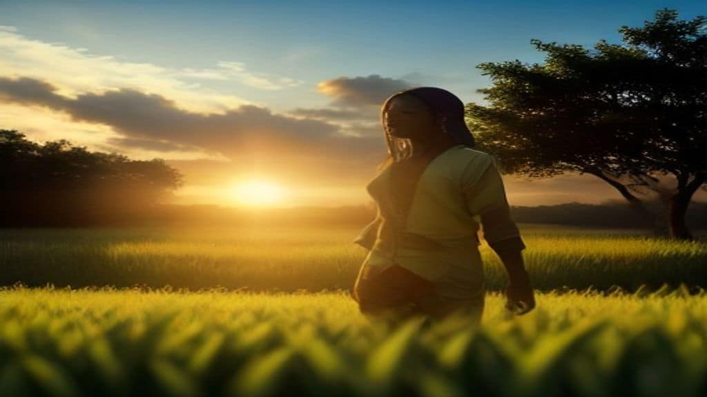 A vibrant split-scene illustration showing an African farmer in a lush green field holding crops on one side, and a modern digital data network visualization overlaid on a European automotive warehouse on the other side, with warm golden sunlight, photorealistic style, no text, no logo