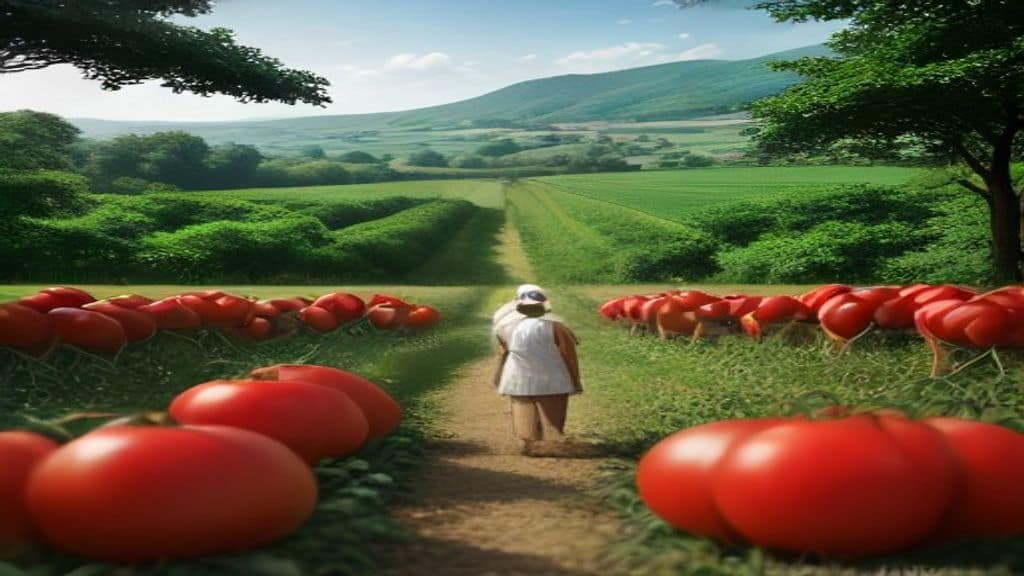 A vibrant split-scene illustration showing agricultural transformation: on one side, African farmers processing cashew nuts and tomatoes in a modern local factory with stainless steel equipment; on the other side, European farmers at a local market with fresh produce and artisan food products, surrounded by green fields and a countryside landscape, warm natural lighting, photorealistic style