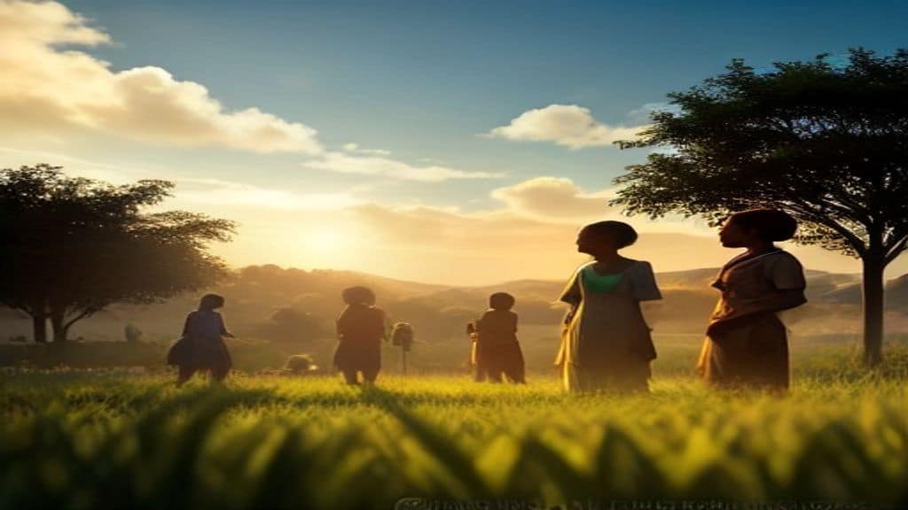 A warm and hopeful scene in a rural African village, showing community workers and local farmers working together in a green agricultural field, with a water distribution point nearby, blue sky with soft clouds, people of diverse backgrounds collaborating, photorealistic style, golden hour light, no text, no logos