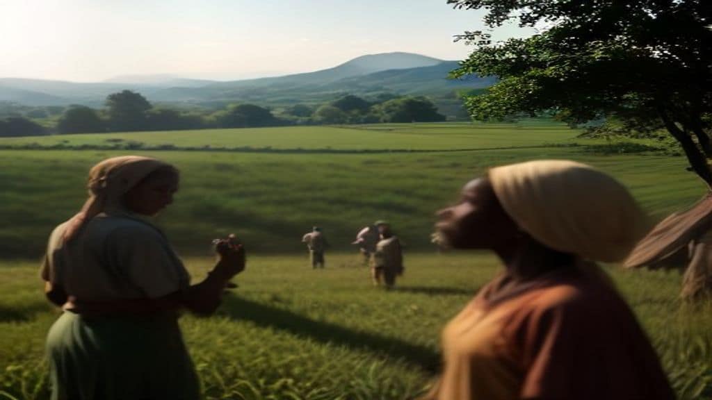 A warm and hopeful scene showing diverse humanitarian workers and local community members collaborating in a rural African village, sharing agricultural knowledge and healthcare resources, with lush green fields in the background, natural sunlight, documentary photography style, no text or logos