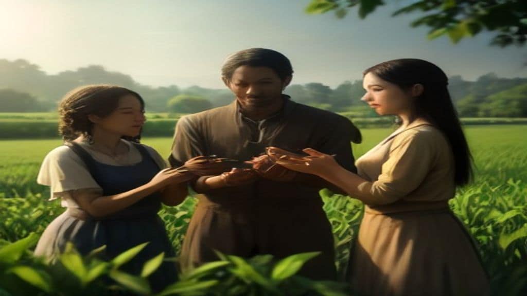 A warm and hopeful scene showing diverse hands from different ethnicities passing food, seeds and crops between them, with a globe in the background surrounded by green fields and small farms, golden light atmosphere, photorealistic style, no text, no logo