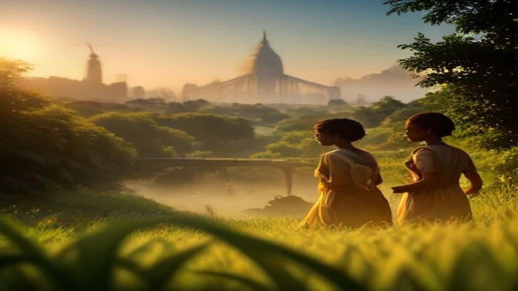 A warm and hopeful scene showing diverse farmers in a lush African field harvesting crops, with a symbolic bridge connecting to a modern European city in the background, golden hour lighting, photorealistic style, no text or logos