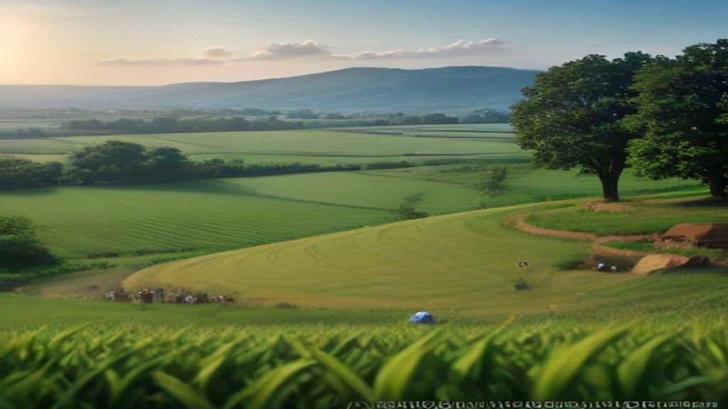 A warm and vibrant scene of a diverse family of farmers working together in lush green fields at golden hour, with traditional and modern agricultural tools visible, surrounded by a variety of crops, small livestock in the background, and sustainable farming elements like rainwater collection and composting areas, realistic photographic style, no text