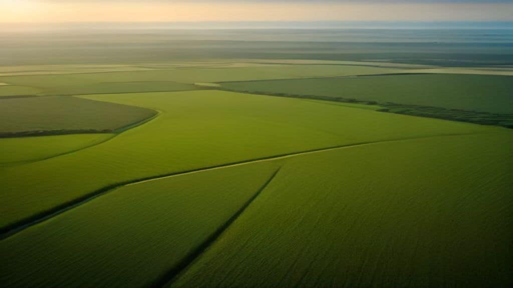 A wide aerial view of a lush African agricultural landscape with small farms, farmers working in fields, modern digital devices showing data overlays and AI analytics floating above the scene, golden sunrise light, vibrant green crops, symbolic of hope and technological progress in African agriculture