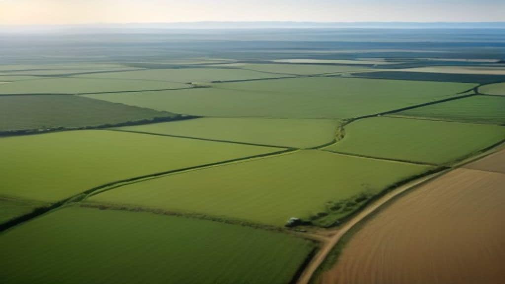 A wide aerial view of diverse African agricultural landscapes showing women farmers working in green fields, a modern fish farming pond with nets, and a village market with fresh produce, warm golden light, photorealistic style, no text, no logo