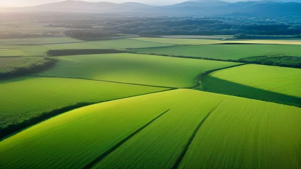 A wide aerial view of diverse agricultural fields with small family farms, lush green crops, farmers working the land in a tropical region, warm golden light at sunrise, sustainable farming landscape, vibrant colors, photorealistic style, no text, no logo