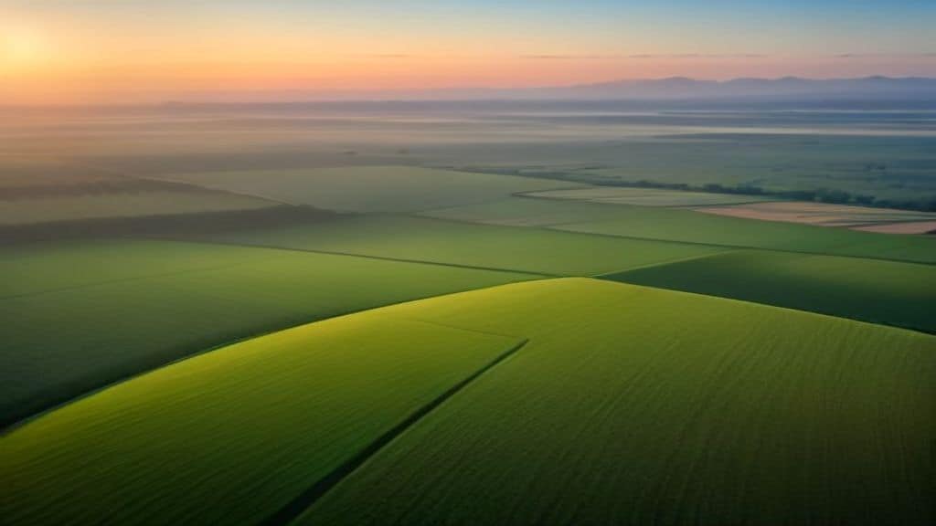 A wide aerial view of fertile African farmland at sunrise, with smallholder farmers working in colorful clothing, a mix of traditional and modern agricultural tools, green crops stretching to the horizon, warm golden light, photorealistic style, no text, no logo