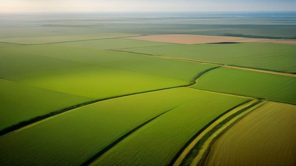 A wide aerial view of lush green African farmland with smallholder farmers working in organized crop rows, modern agricultural equipment in the background, golden morning light, vibrant colors, photorealistic style, no text, no logo