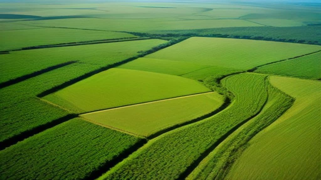 Aerial view of a diverse and lush African agricultural landscape with small farms, mixed crops, trees integrated into fields, farmers working the land by hand, bright natural light, rich green and golden colors, no text or logo