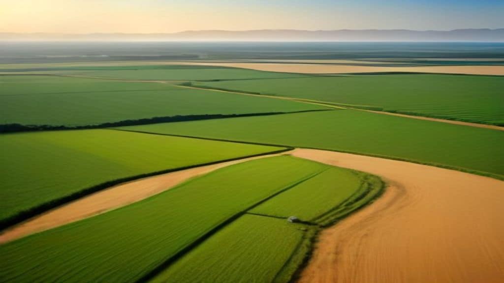 Aerial view of a vast African agricultural landscape with diverse crops, small-scale farmers working in green fields under a warm golden sky, women carrying harvests in colorful traditional clothing, a river in the background irrigating the land, realistic photography style, no text, no logo