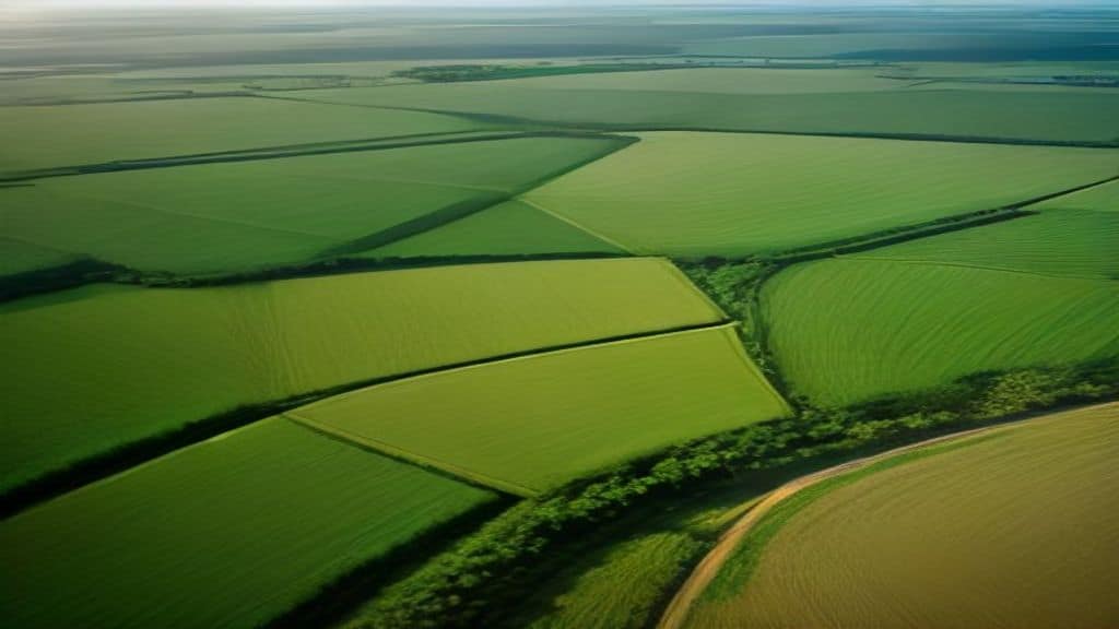Aerial view of vast green African farmland with irrigation systems, bags of fertilizer stacked nearby, modern data exchange symbols subtly integrated into the background, warm golden light, professional editorial photography style